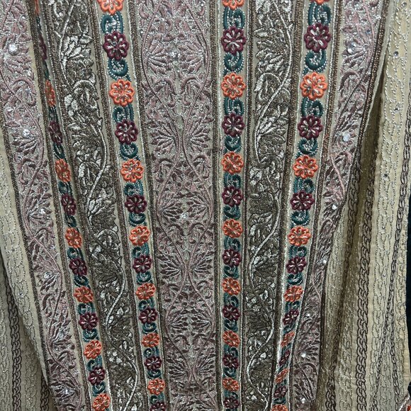 Handmade Beige Long Kaftan Dress Embroidered Sequins Floral Boho Ethnic Wear - Picture 3 of 7